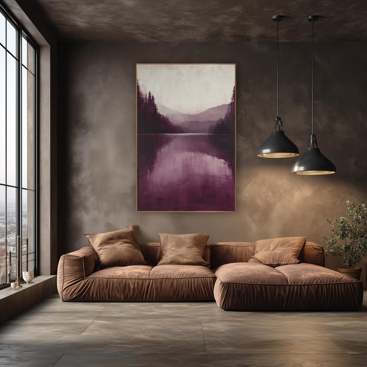 Burgundy Ridge Reflection Lake Study wall art in an elegant modern room – burgundy and plum lake landscape with dark