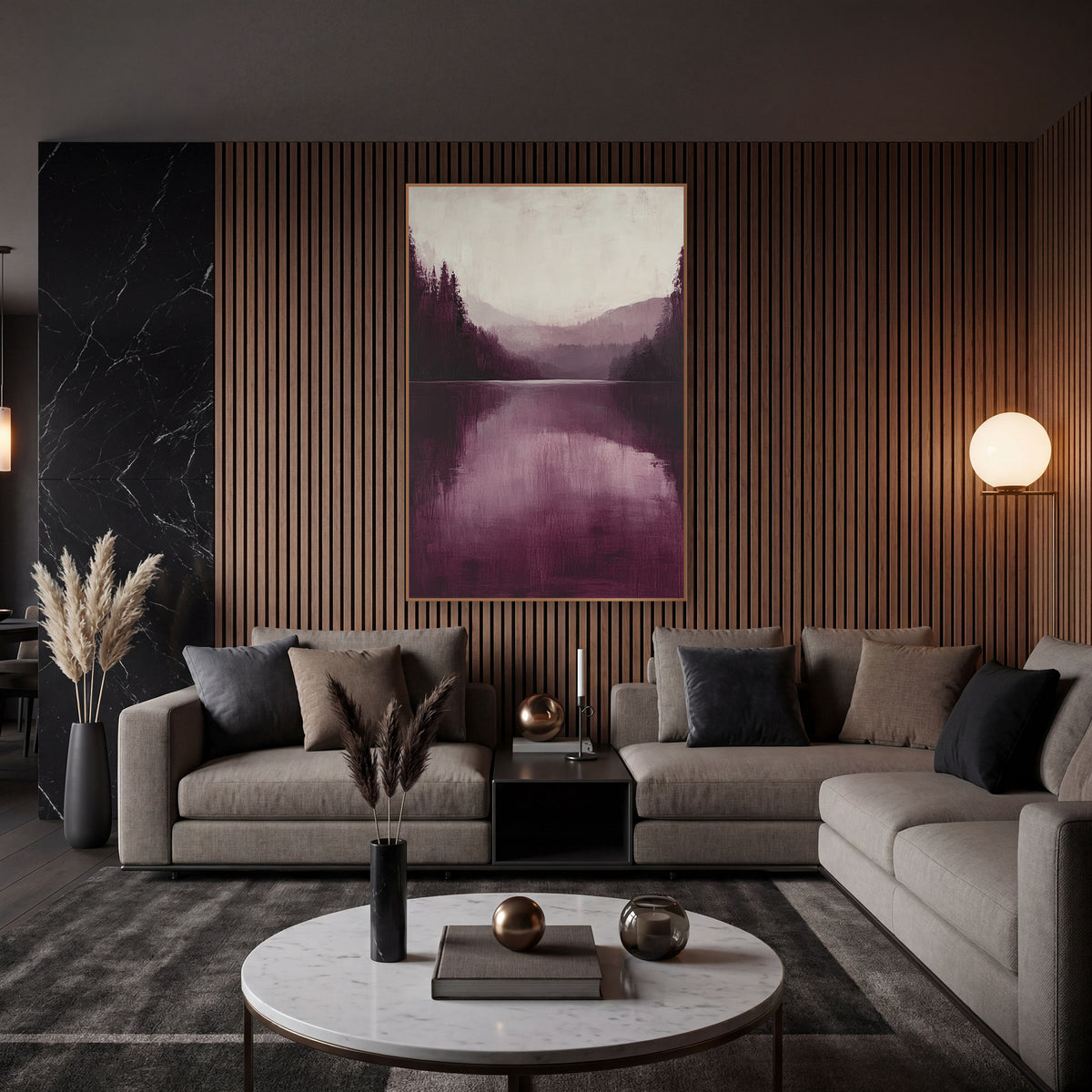Burgundy Ridge Reflection Lake Study wall art in an elegant modern room – burgundy and plum lake landscape with dark