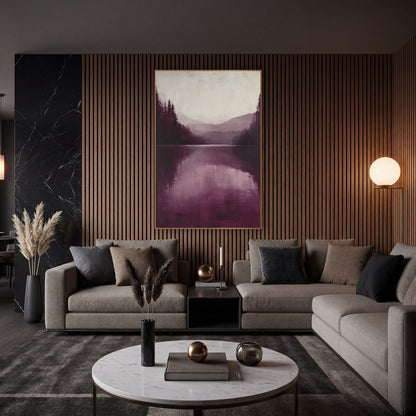Burgundy Ridge Reflection Lake Study wall art in an elegant modern room – burgundy and plum lake landscape with dark