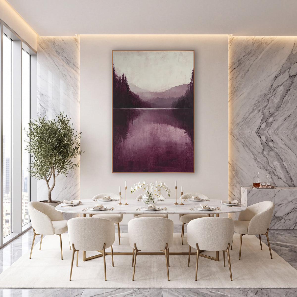 Burgundy Ridge Reflection Lake Study wall art in an elegant modern room – burgundy and plum lake landscape with dark