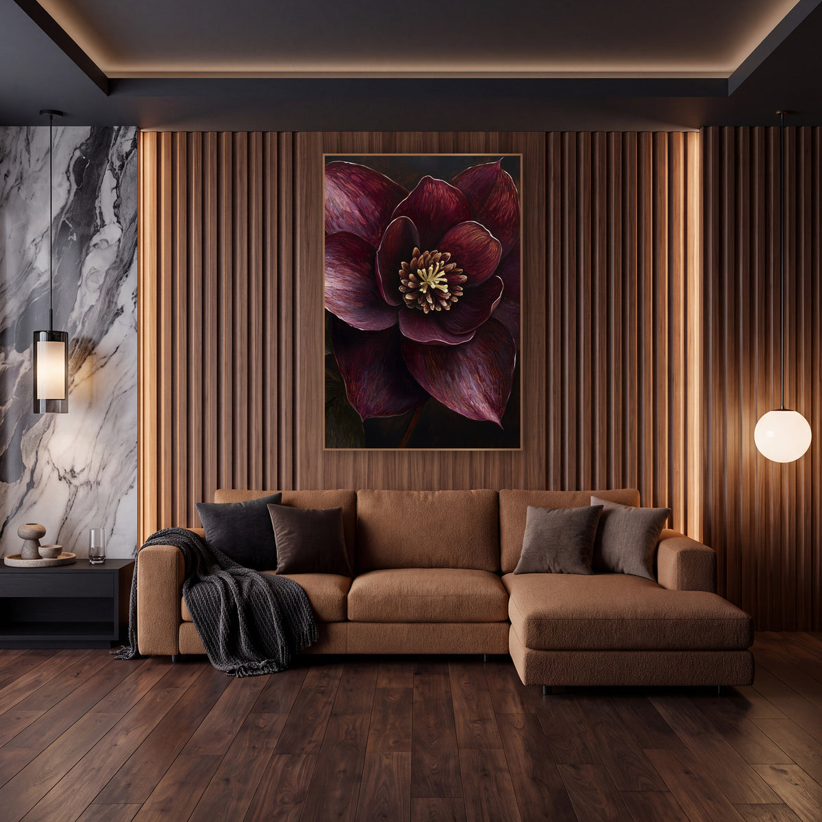 Dark Hellebore Golden Stamens Painterly wall art in an elegant modern room – close view of a burgundy hellebore bloom