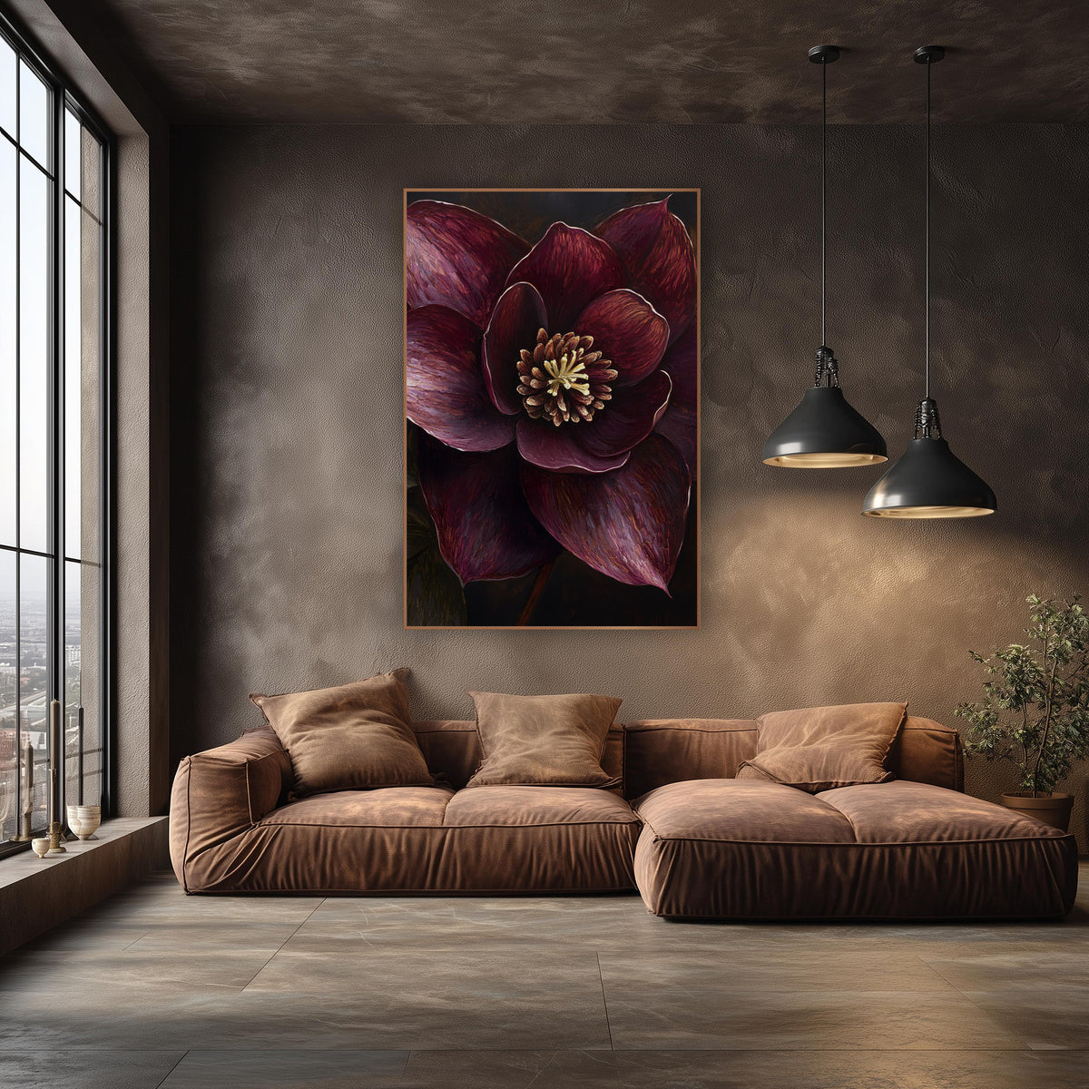 Dark Hellebore Golden Stamens Painterly wall art in an elegant modern room – close view of a burgundy hellebore bloom