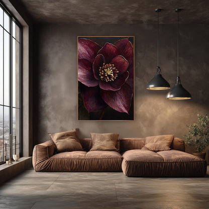 Dark Hellebore Golden Stamens Painterly wall art in an elegant modern room – close view of a burgundy hellebore bloom