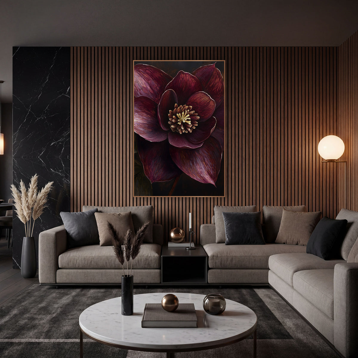 Dark Hellebore Golden Stamens Painterly wall art in an elegant modern room – close view of a burgundy hellebore bloom