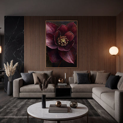Dark Hellebore Golden Stamens Painterly wall art in an elegant modern room – close view of a burgundy hellebore bloom