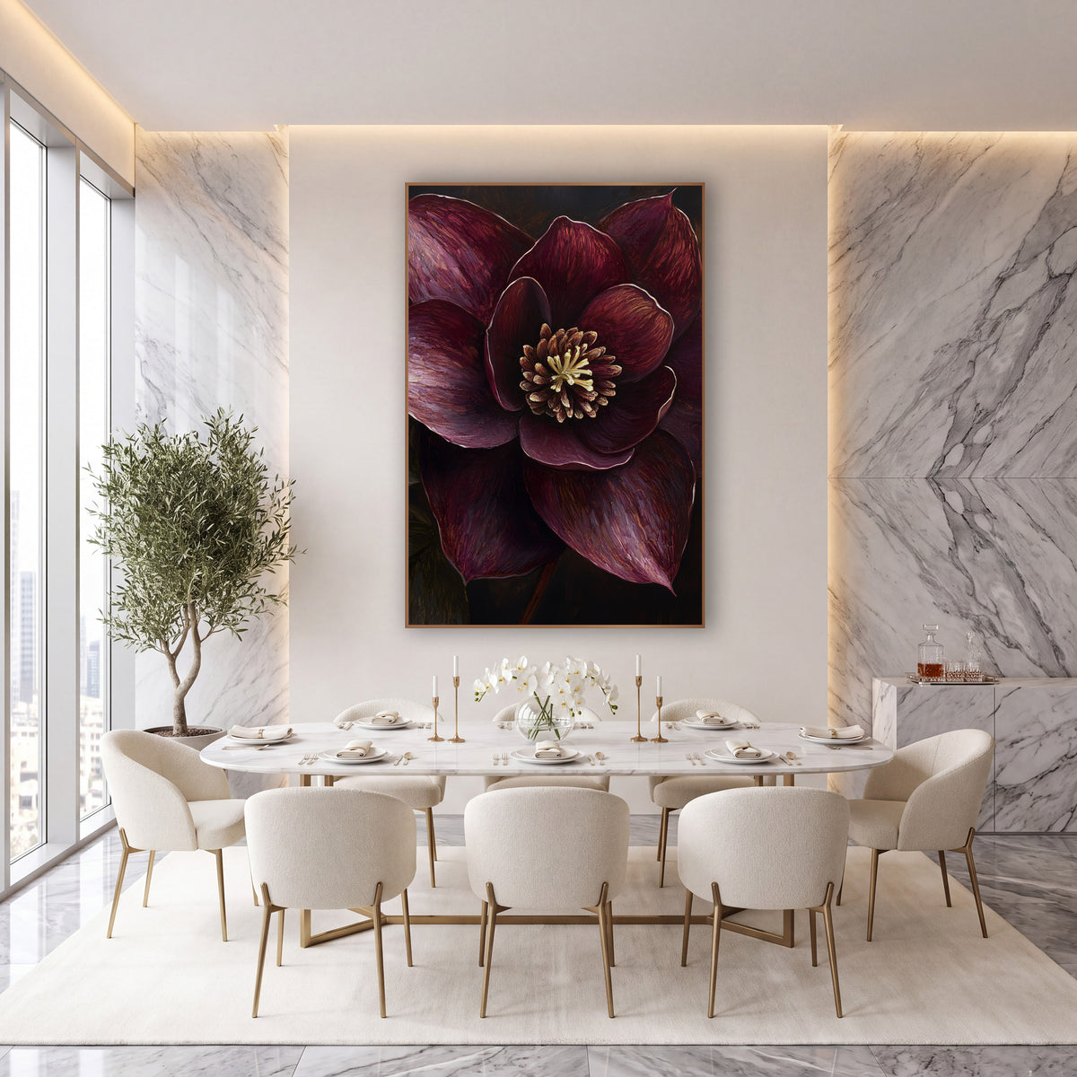 Dark Hellebore Golden Stamens Painterly wall art in an elegant modern room – close view of a burgundy hellebore bloom
