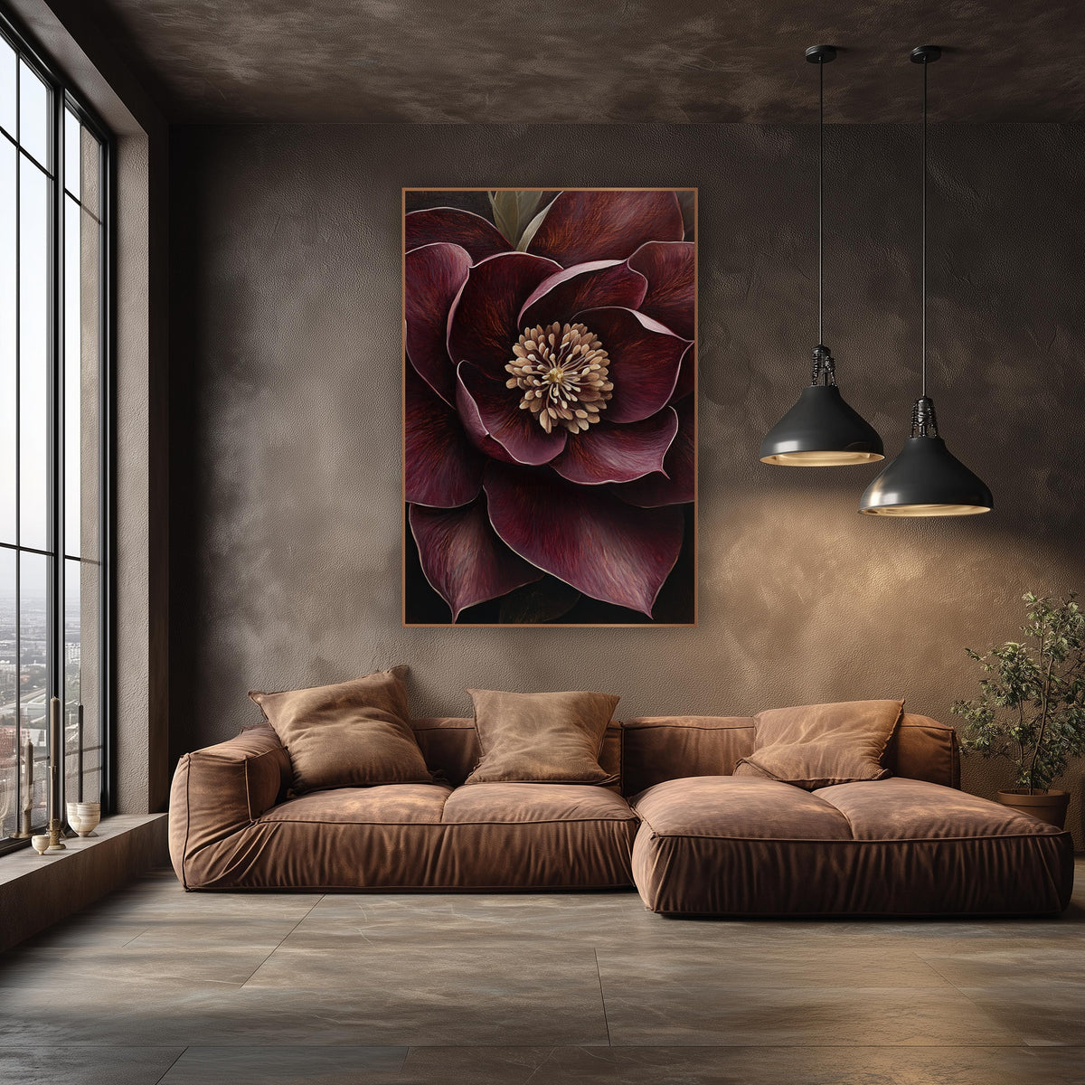 Wine Hellebore Ivory Center Elegant wall art in an elegant modern room – close view of a burgundy hellebore flower