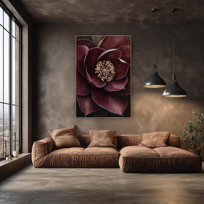 Wine Hellebore Ivory Center Elegant wall art in an elegant modern room – close view of a burgundy hellebore flower