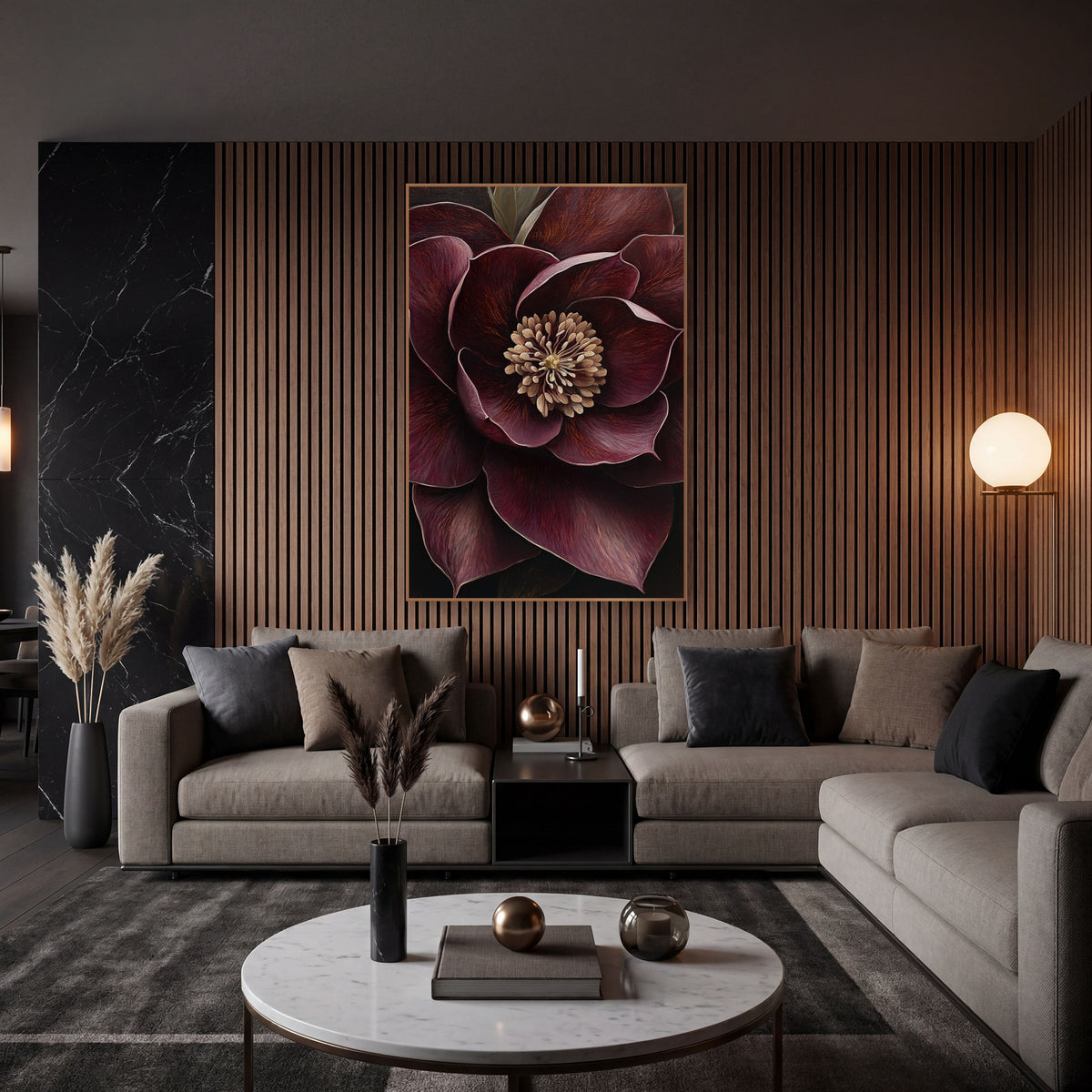 Wine Hellebore Ivory Center Elegant wall art in an elegant modern room – close view of a burgundy hellebore flower