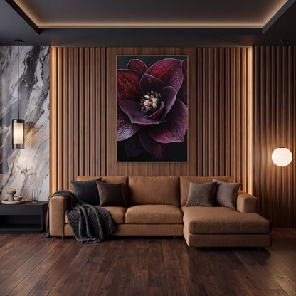 Veined Plum Hellebore Dramatic Dark wall art in an elegant modern room – close view of a deep burgundy hellebore