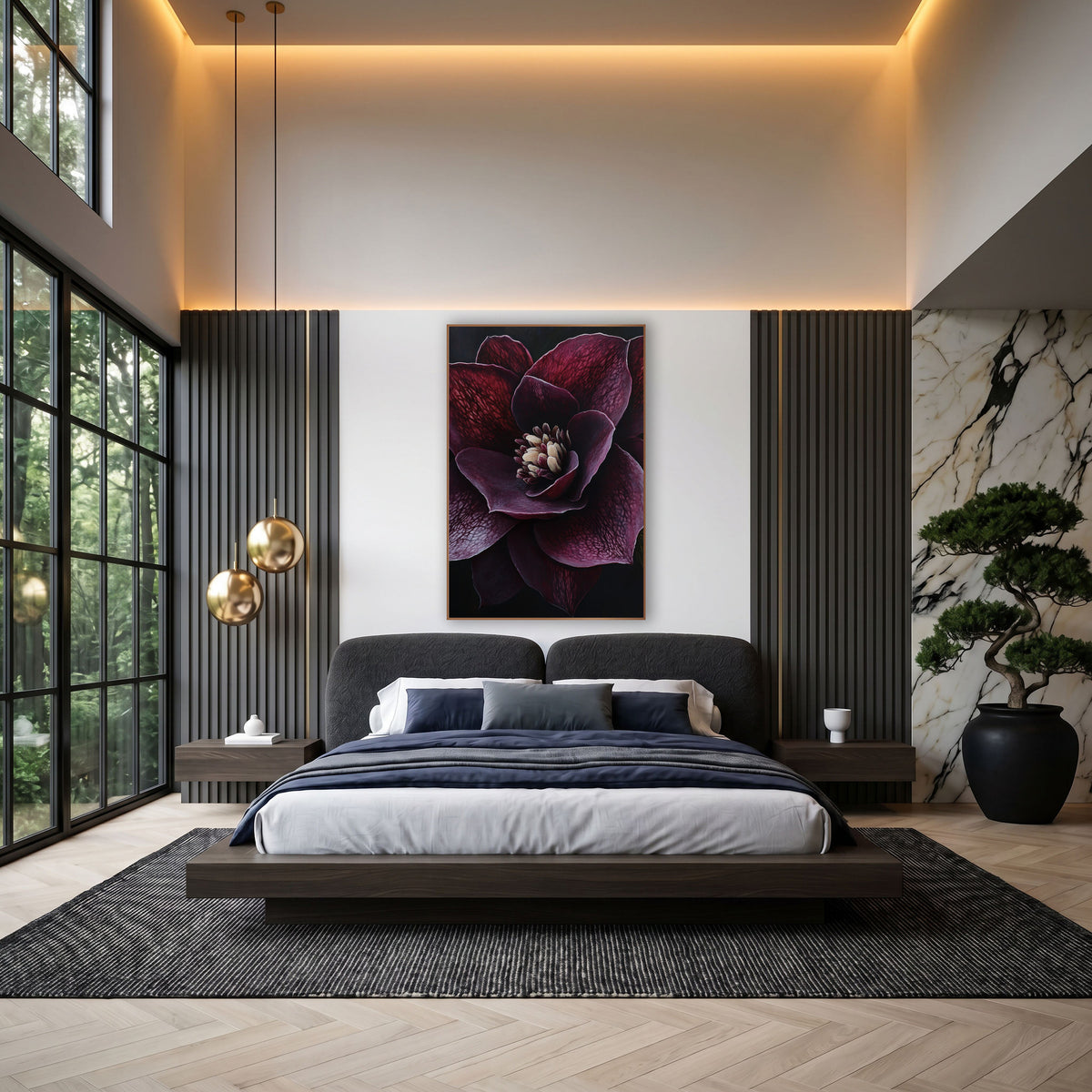 Veined Plum Hellebore Dramatic Dark wall art in an elegant modern room – close view of a deep burgundy hellebore