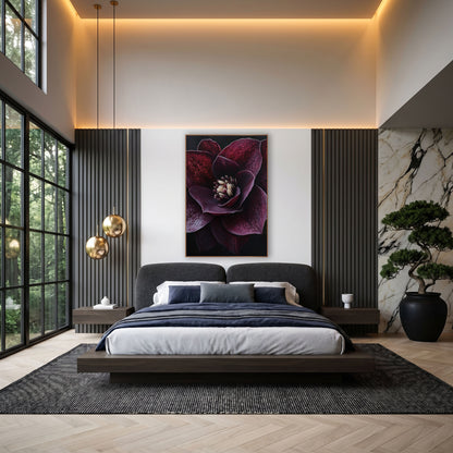 Veined Plum Hellebore Dramatic Dark wall art in an elegant modern room – close view of a deep burgundy hellebore