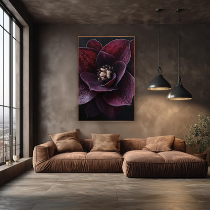 Veined Plum Hellebore Dramatic Dark wall art in an elegant modern room – close view of a deep burgundy hellebore