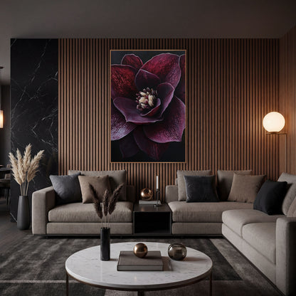 Veined Plum Hellebore Dramatic Dark wall art in an elegant modern room – close view of a deep burgundy hellebore
