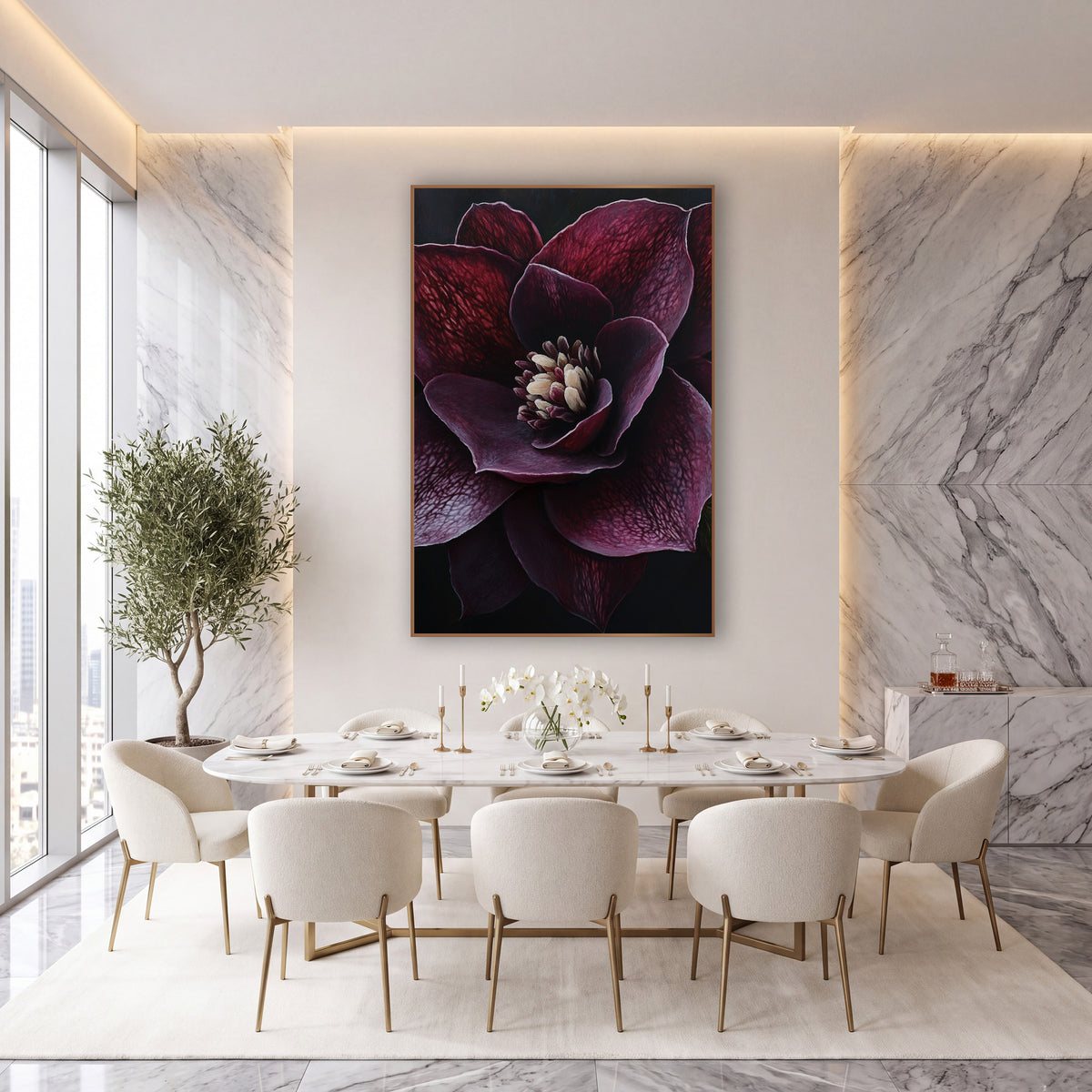 Veined Plum Hellebore Dramatic Dark wall art in an elegant modern room – close view of a deep burgundy hellebore