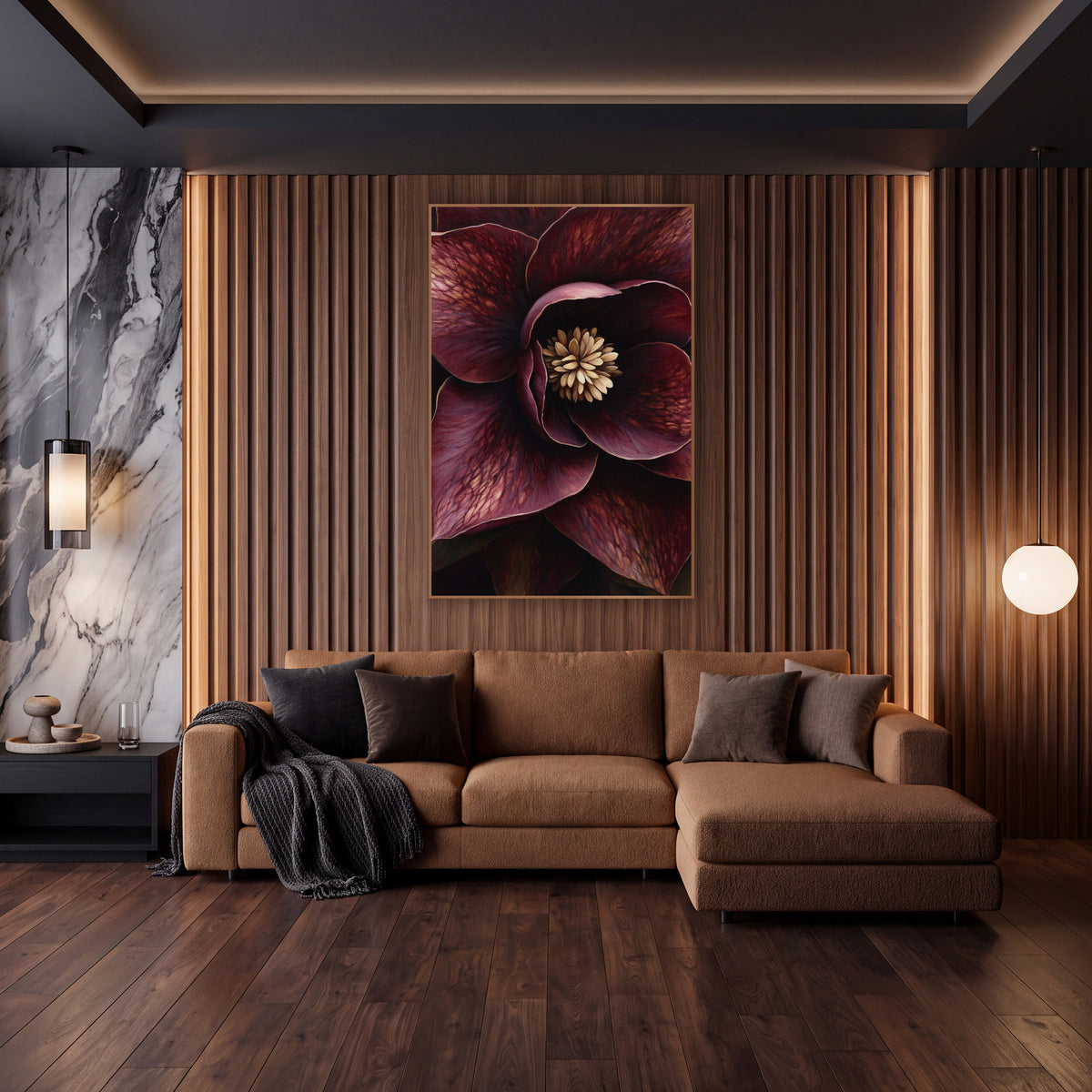 Cropped Hellebore Petal Closeup Rich wall art in an elegant modern room – close-up of a burgundy hellebore flower