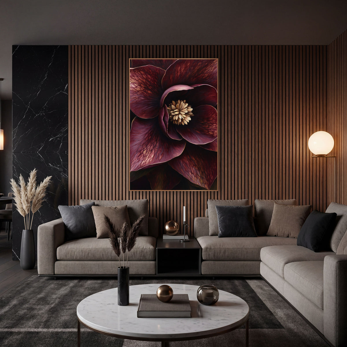 Cropped Hellebore Petal Closeup Rich wall art in an elegant modern room – close-up of a burgundy hellebore flower