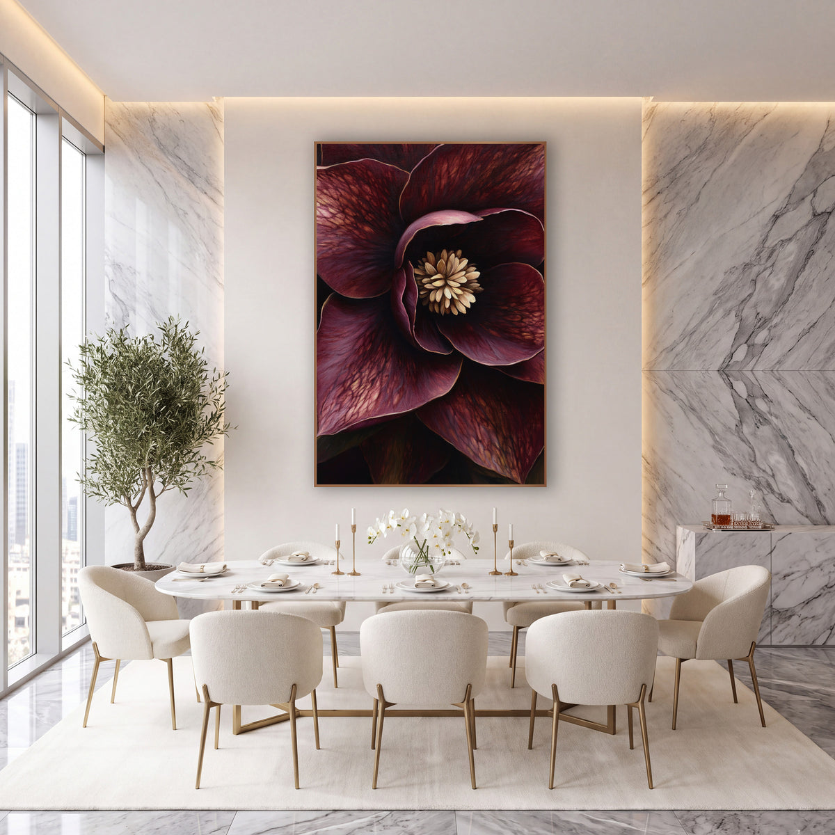 Cropped Hellebore Petal Closeup Rich wall art in an elegant modern room – close-up of a burgundy hellebore flower