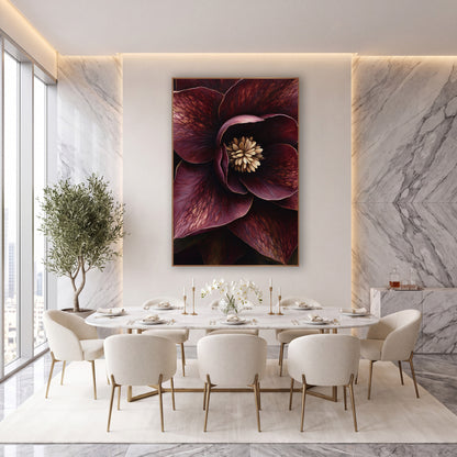 Cropped Hellebore Petal Closeup Rich wall art in an elegant modern room – close-up of a burgundy hellebore flower