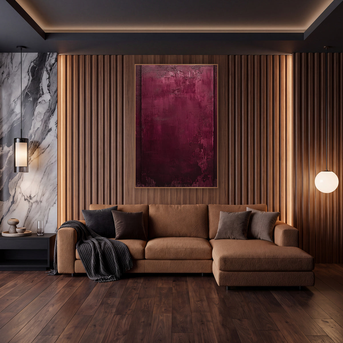 Burgundy Abstract Field Luxe wall art in an elegant modern room – burgundy abstract artwork with a wine red field, two