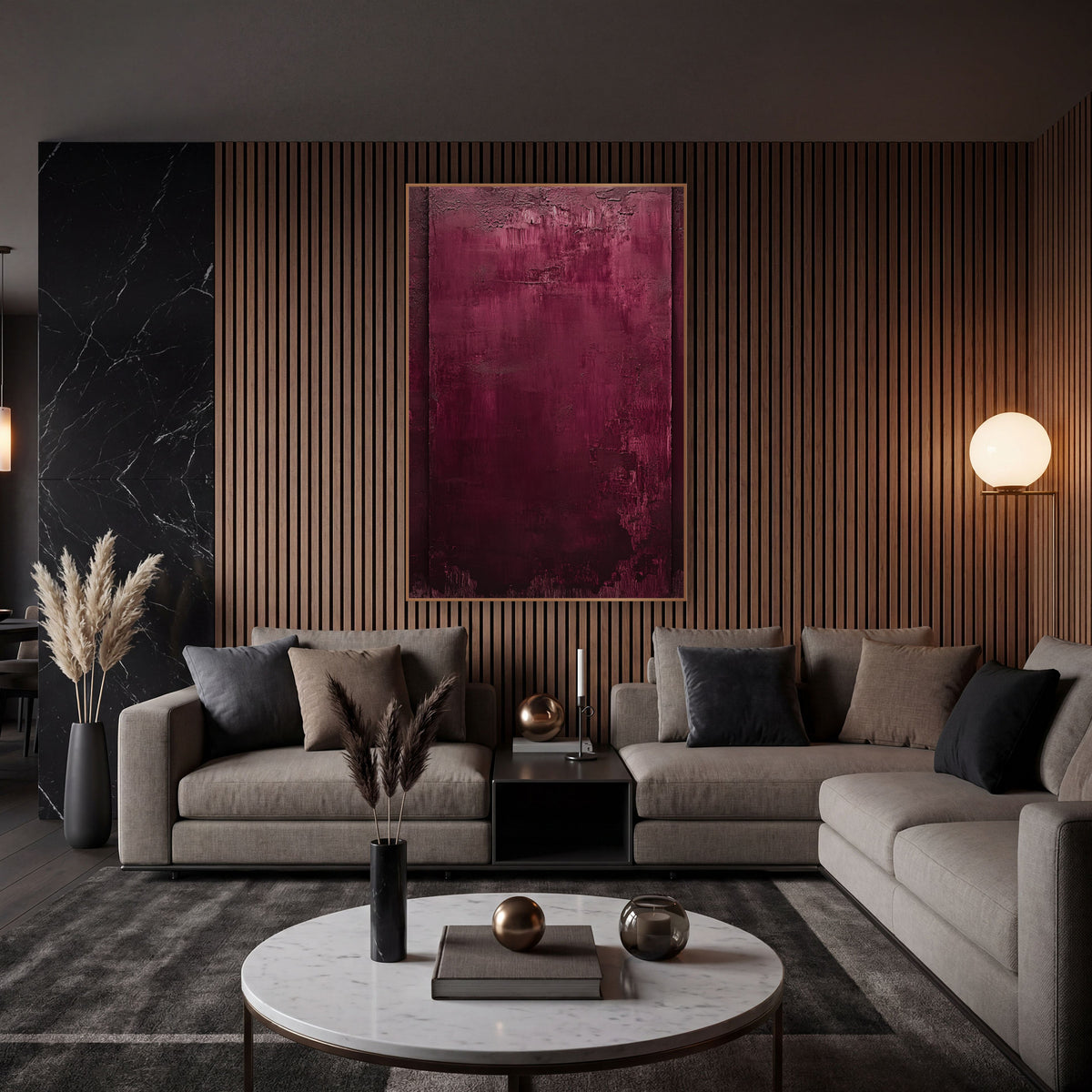 Burgundy Abstract Field Luxe wall art in an elegant modern room – burgundy abstract artwork with a wine red field, two