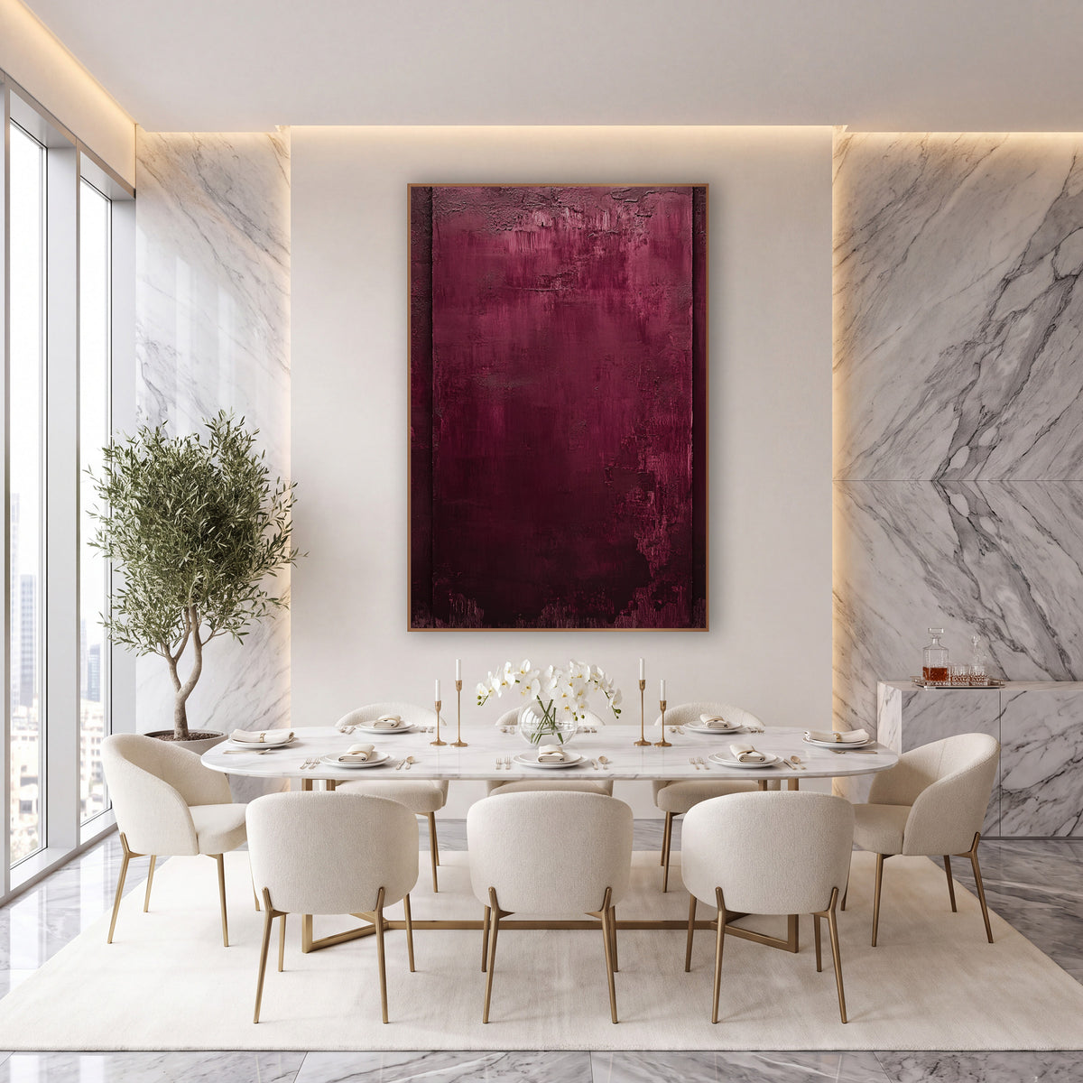 Burgundy Abstract Field Luxe wall art in an elegant modern room – burgundy abstract artwork with a wine red field, two