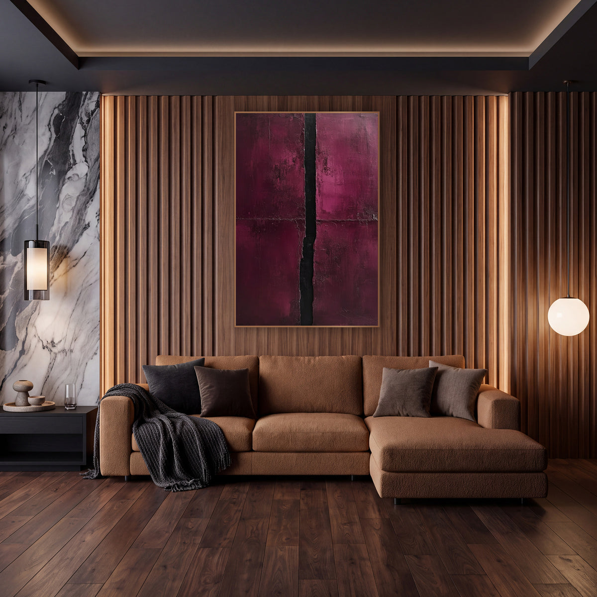 Burgundy Black Vertical Divide Abstract wall art in an elegant modern room – abstract artwork with two burgundy panels