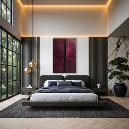 Burgundy Black Vertical Divide Abstract wall art in an elegant modern room – abstract artwork with two burgundy panels