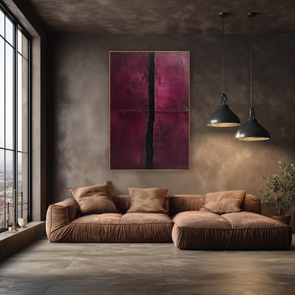 Burgundy Black Vertical Divide Abstract wall art in an elegant modern room – abstract artwork with two burgundy panels