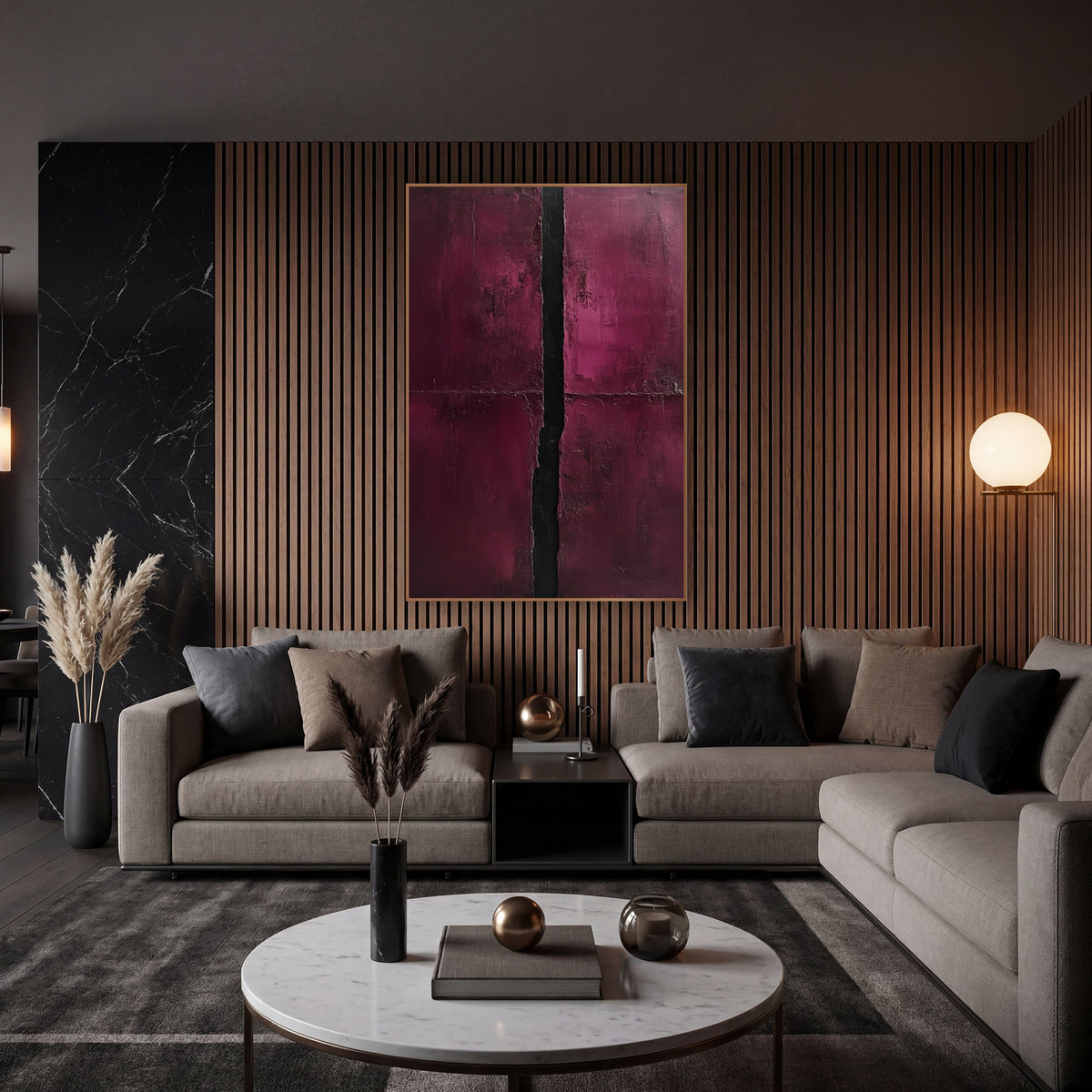 Burgundy Black Vertical Divide Abstract wall art in an elegant modern room – abstract artwork with two burgundy panels