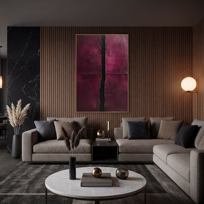Burgundy Black Vertical Divide Abstract wall art in an elegant modern room – abstract artwork with two burgundy panels