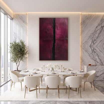 Burgundy Black Vertical Divide Abstract wall art in an elegant modern room – abstract artwork with two burgundy panels