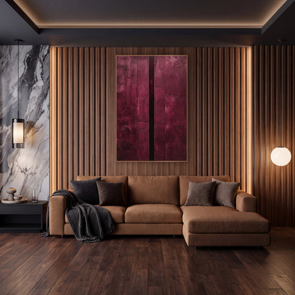 Burgundy Vertical Groove Abstract wall art in an elegant modern room – abstract burgundy artwork with scraped wine red