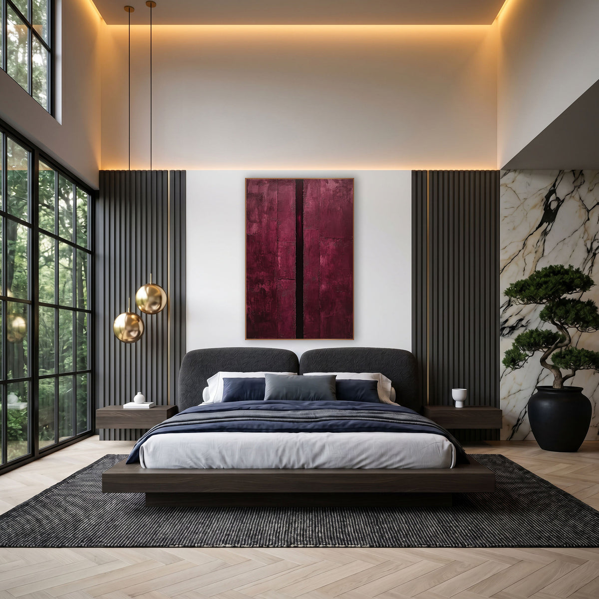 Burgundy Vertical Groove Abstract wall art in an elegant modern room – abstract burgundy artwork with scraped wine red