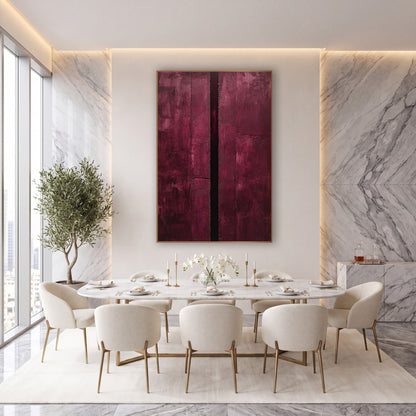 Burgundy Vertical Groove Abstract wall art in an elegant modern room – abstract burgundy artwork with scraped wine red