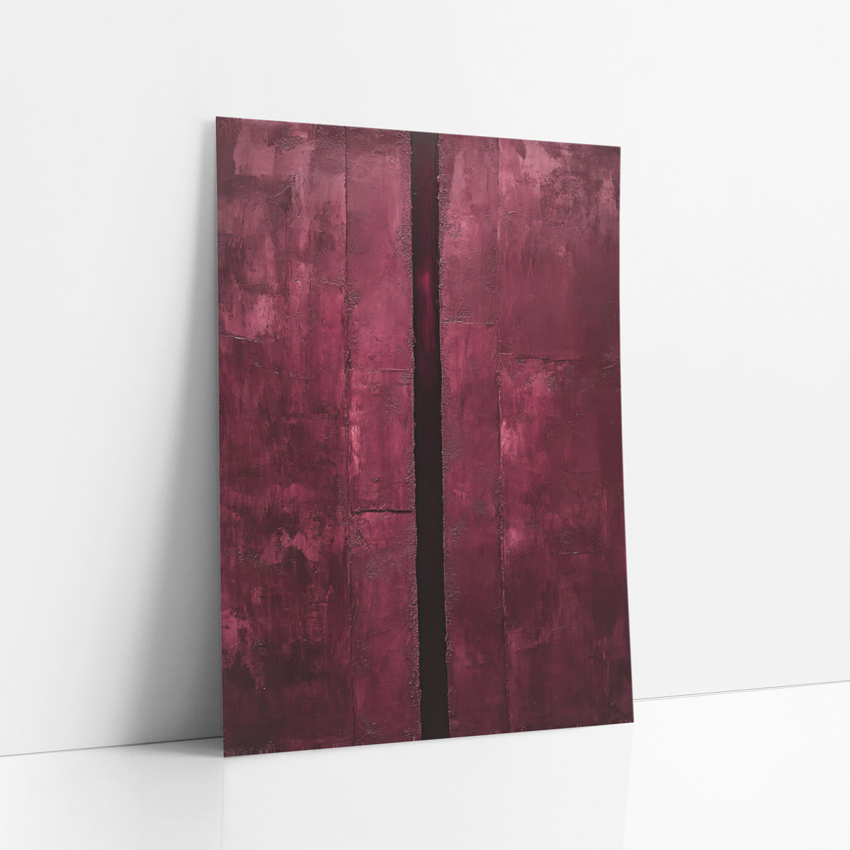Burgundy Vertical Groove Abstract art print leaning against a white wall – abstract burgundy artwork with scraped wine red