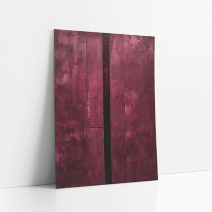 Burgundy Vertical Groove Abstract art print leaning against a white wall – abstract burgundy artwork with scraped wine red
