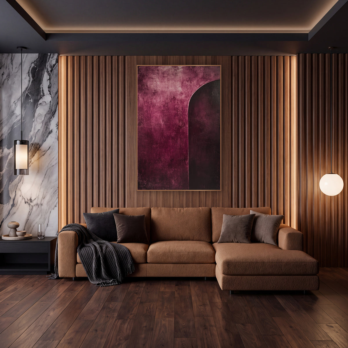 Burgundy Arc Abstract Modern wall art in an elegant modern room – abstract artwork with a dark plum arched shape