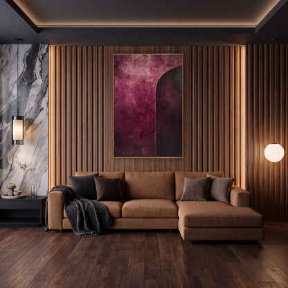 Burgundy Arc Abstract Modern wall art in an elegant modern room – abstract artwork with a dark plum arched shape