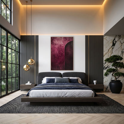 Burgundy Arc Abstract Modern wall art in an elegant modern room – abstract artwork with a dark plum arched shape