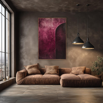 Burgundy Arc Abstract Modern wall art in an elegant modern room – abstract artwork with a dark plum arched shape
