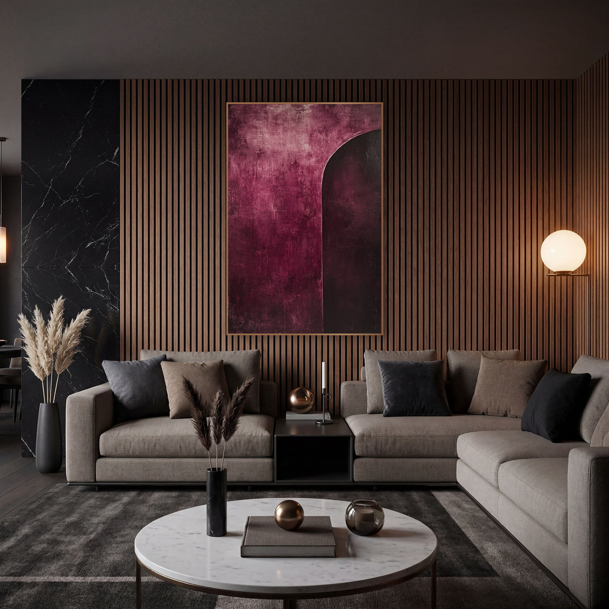 Burgundy Arc Abstract Modern wall art in an elegant modern room – abstract artwork with a dark plum arched shape