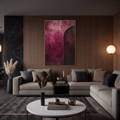 Burgundy Arc Abstract Modern wall art in an elegant modern room – abstract artwork with a dark plum arched shape