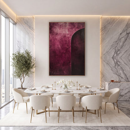 Burgundy Arc Abstract Modern wall art in an elegant modern room – abstract artwork with a dark plum arched shape