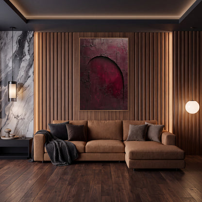 Wine Red Archway Luxe Abstract wall art in an elegant modern room – abstract burgundy wall with a large arched opening