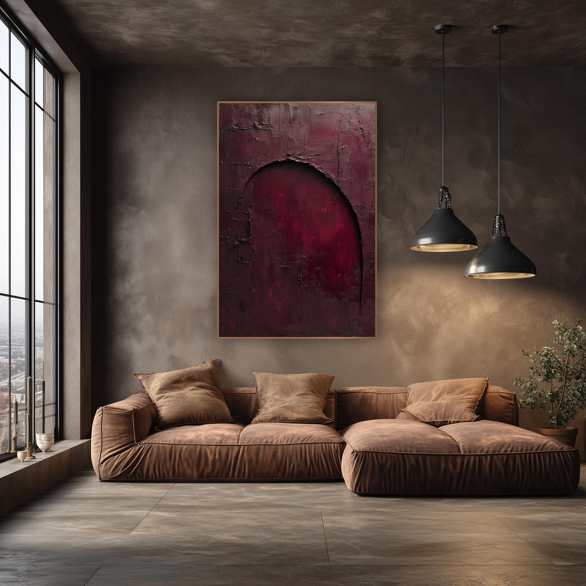 Wine Red Archway Luxe Abstract wall art in an elegant modern room – abstract burgundy wall with a large arched opening