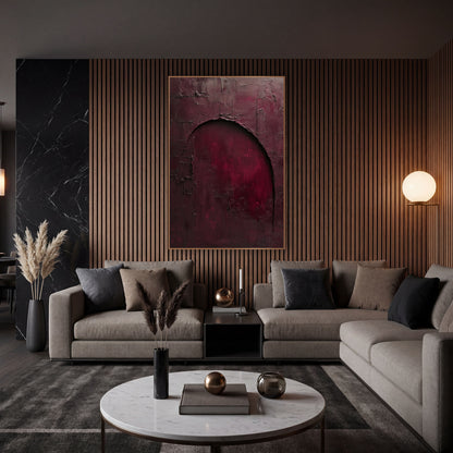 Wine Red Archway Luxe Abstract wall art in an elegant modern room – abstract burgundy wall with a large arched opening