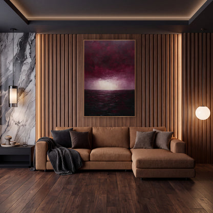 Burgundy Sky Dark Sea Seascape wall art in an elegant modern room – seascape with heavy burgundy clouds, a pale