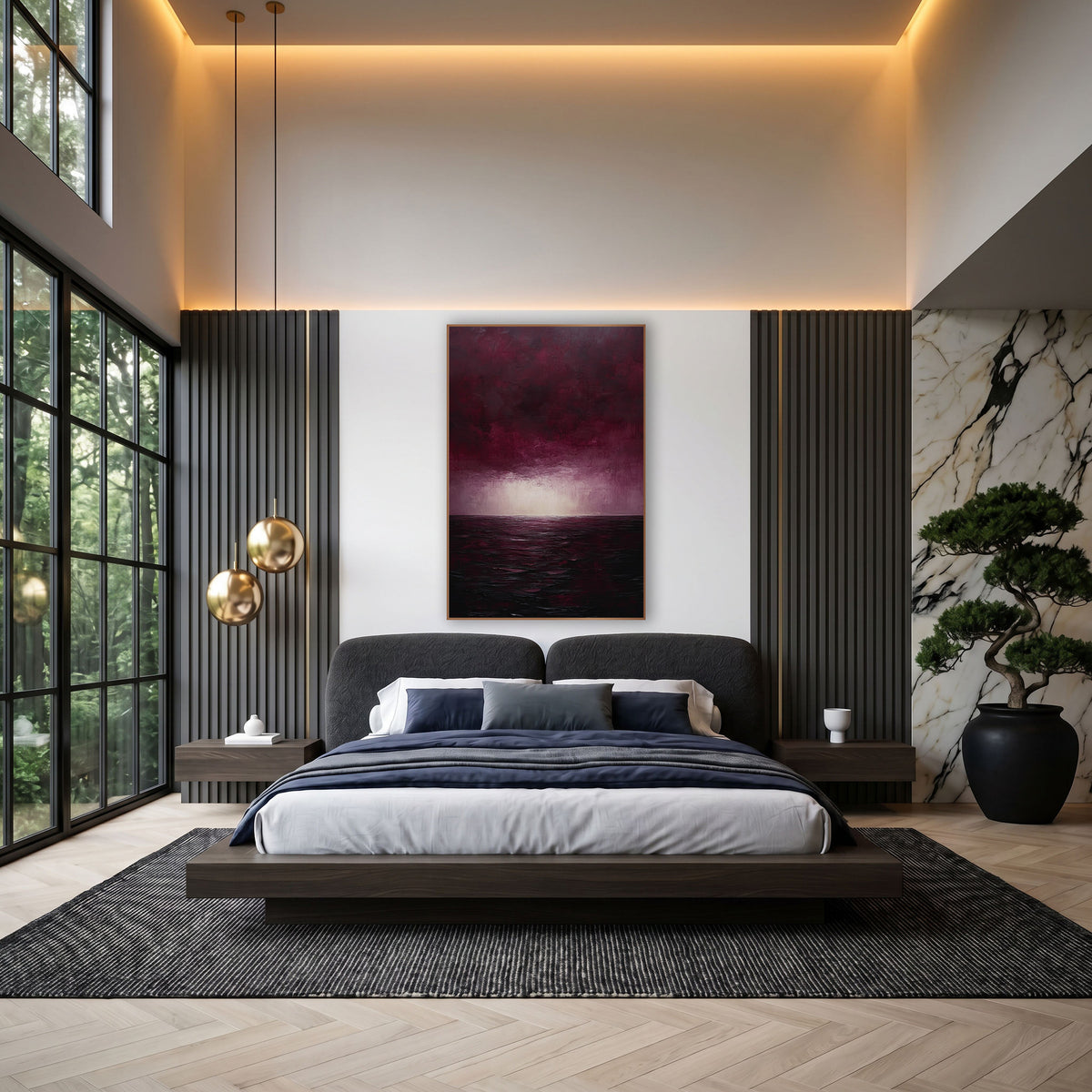 Burgundy Sky Dark Sea Seascape wall art in an elegant modern room – seascape with heavy burgundy clouds, a pale