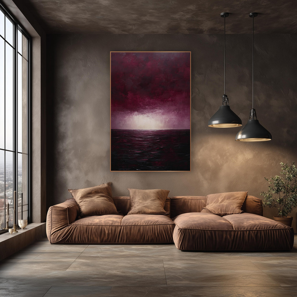 Burgundy Sky Dark Sea Seascape wall art in an elegant modern room – seascape with heavy burgundy clouds, a pale